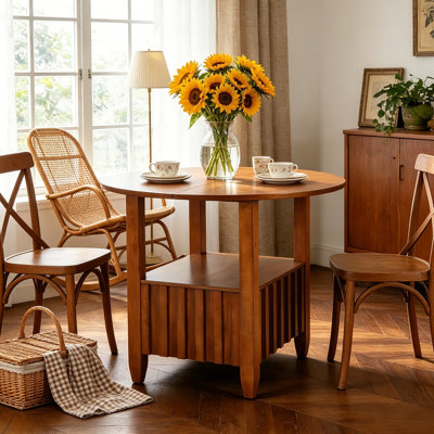 Mid-Century Solid Wood Round Dining Table With Storage Shelf