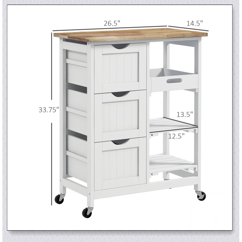 Rolling Kitchen Island Cart, Bar Serving, Drawers, White
