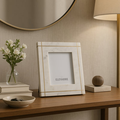 Rectangular Alabaster and Marble Picture Frame for Home Decor - Decorative Photo Frame for Entryway Tabletop Accent - White & Gold
