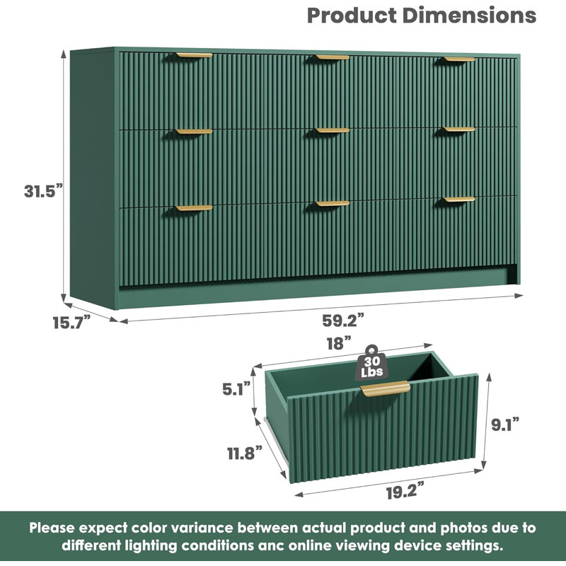 Commode 9 tiroirs, commode cannelée moderne de 59 po de largeur avec poignées en métal doré, Green