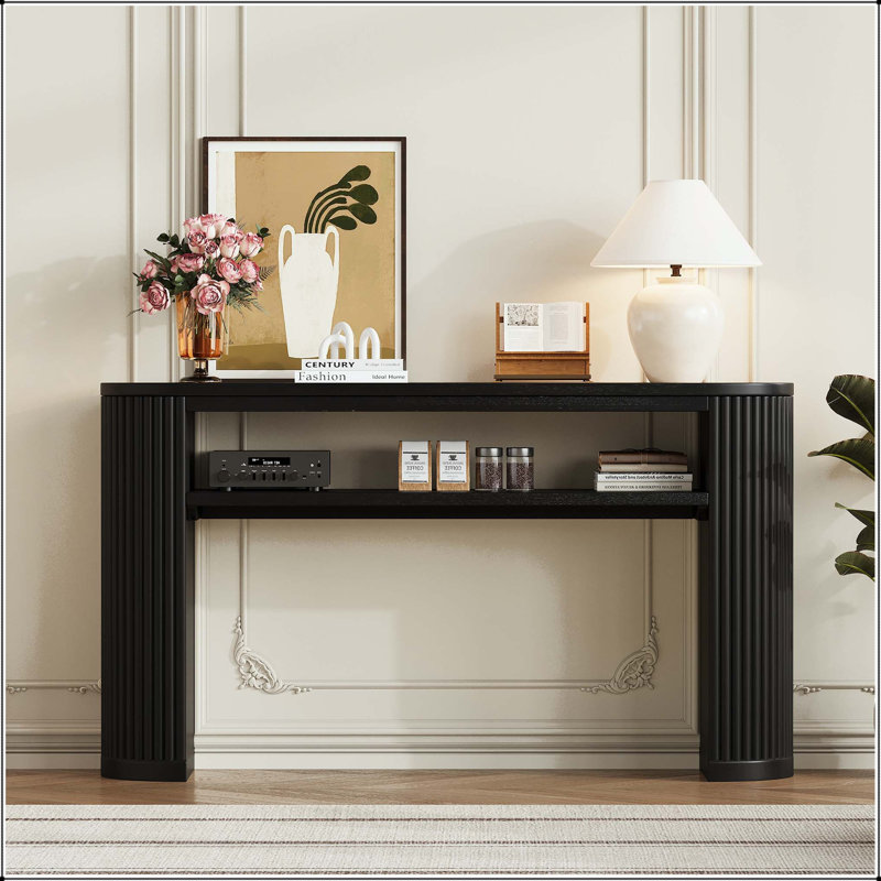 Console rustique avec pieds cannelés et tablette ouverte, Noir