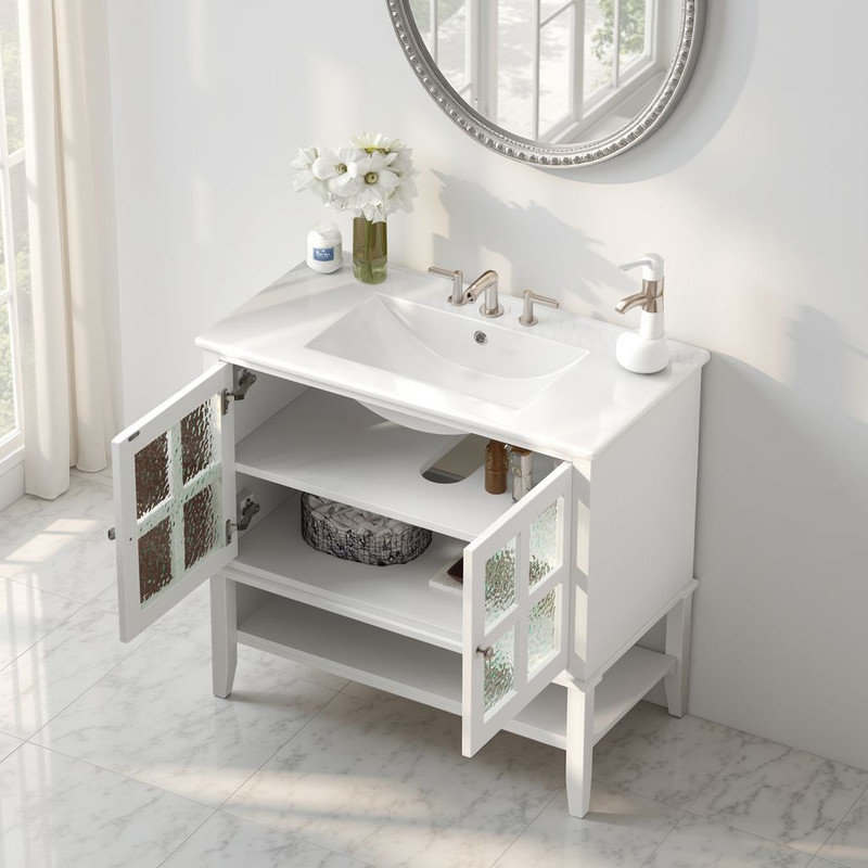 Meuble-lavabo 36 po avec lavabo en céramique - tablette réglable, charnières à fermeture en douceur?, Ivoire ivoire