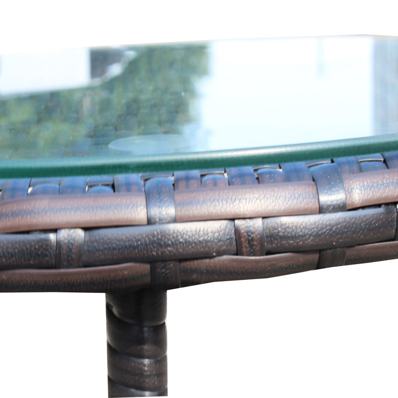 Outdoor Round Coffee Table With Glass - Pe & Steel, 21X21x21 Inch, Brown, To Weather, Assembly Required Patio Tempered Surface Steel Frame, 21X21x21",