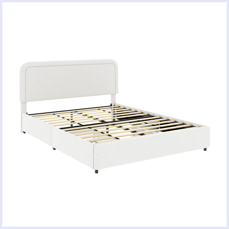 Lit plateforme tapissier moderne avec rangement à 2 tiroirs, Grand
