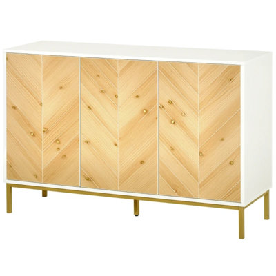 Buffet blanc en grain de bois naturel, crédence en panneau de fibres à densité moyenne avec pieds en acier doré, portes coulissantes et tablettes réglables pour le salon de la salle à manger