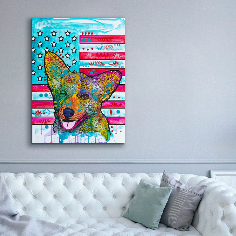 «All American Corgi» par Dean Russo, art mural sur toile, H 54 po x l 40 po x P 1,5 po