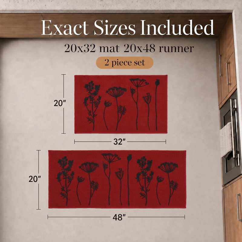 Wildflowers Non Skid Kitchen Mats Runner & Comfort Mat (2 Pieces), Red/Black