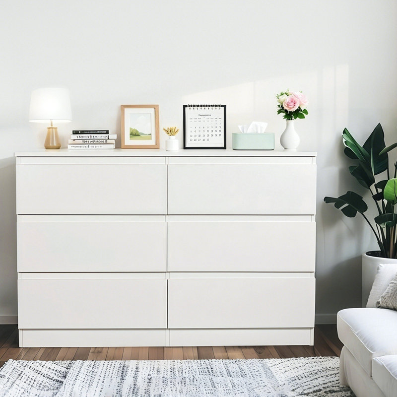 Commode 6 tiroirs avec comptoir spacieux, Blanc