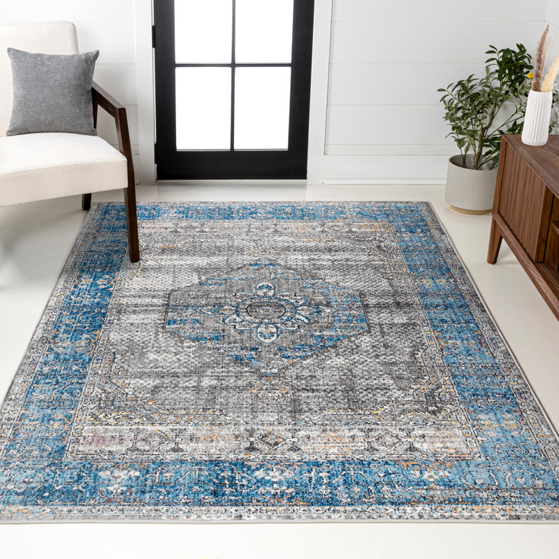 Stimpson Vintage Medallion Peacock Blue/Gray Rug, Rectangle 5'3" x 7'7"