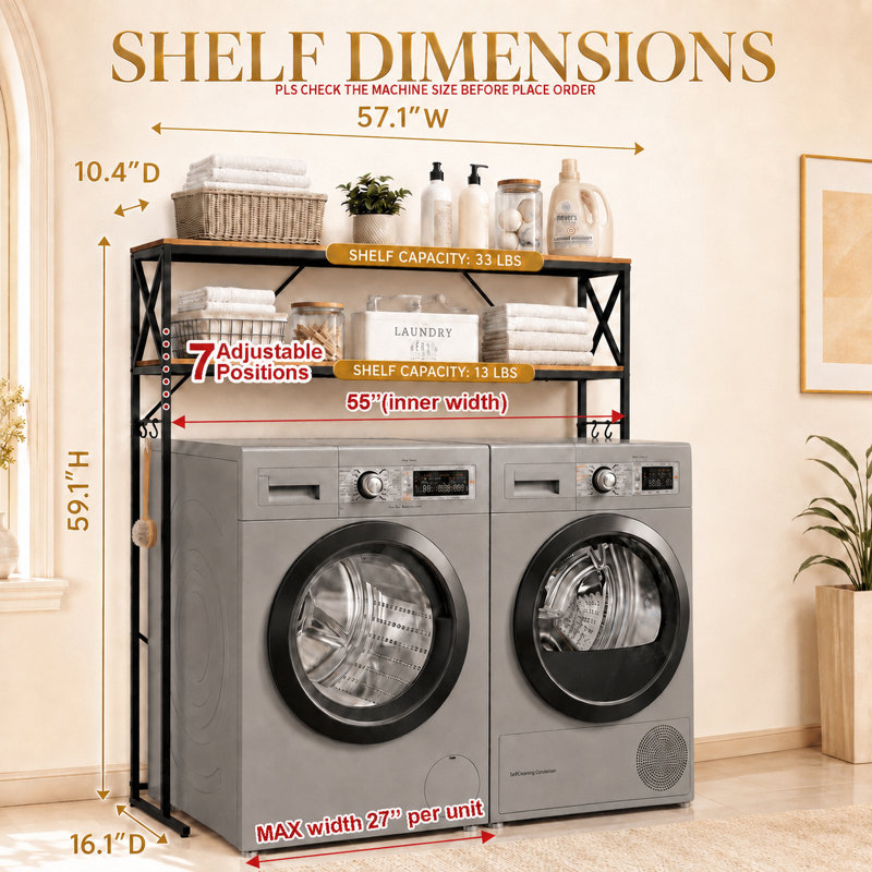Tablettes à 2 niveaux pour laveuse et sécheuse, rangement pour salle de lavage avec tablettes réglables
