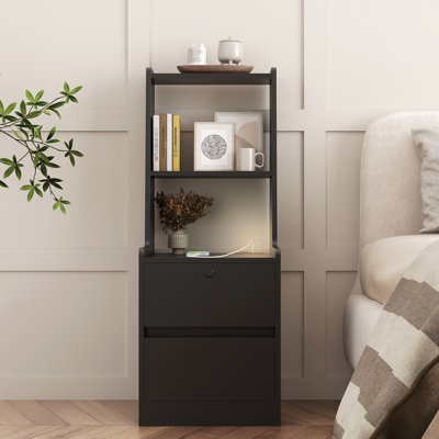 Table de chevet de chambre à coucher avec armoire verrouillable et ports de chargement, bibliothèque de nuit noire: rangement