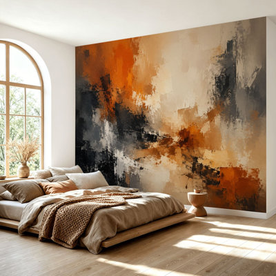 Papier peint auto-adhésif abstrait, composition, coup de pinceau, orange chaud, beige, gris anthracite, papier auto-adhésif amovible, décoration murale pour salon, chambre à coucher H 69 po x l 96 po