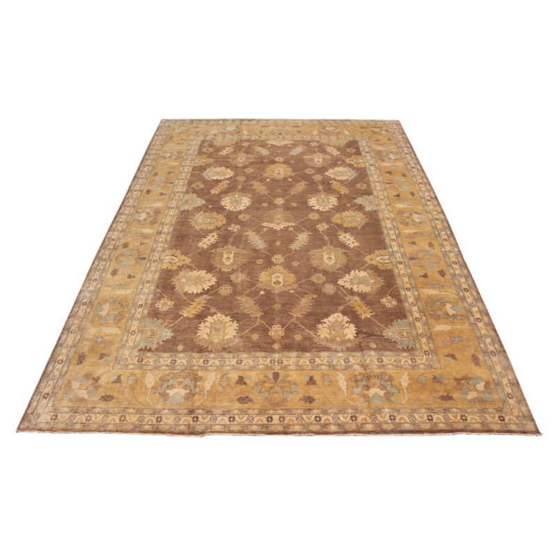 Tapis brun en laine noué à la main de conception unique 12 pi 2 po x 17 pi 7 po New Age