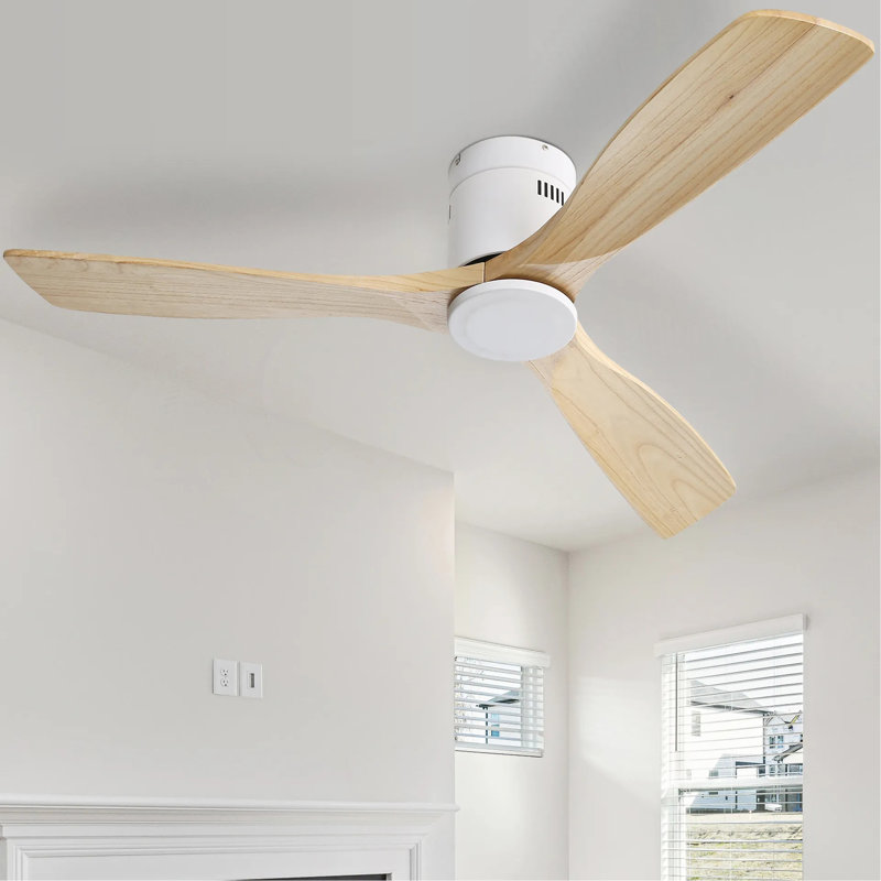 52 Inch Flush Mount Ceiling Fan 3 Solid Wood Fan Blade Noiseless Reversible DC Motor Smart Remote Control For Living Room