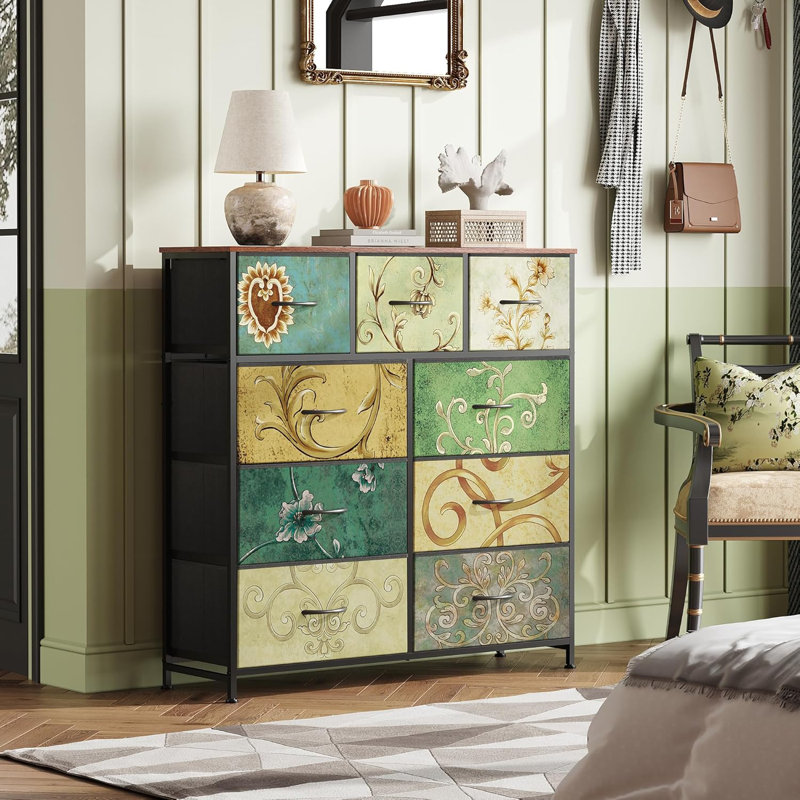 Reinardo 39.4" W 9-Drawer Dresser with Wood Top, Tall Dresser With Sturdy Steel Frame, Chest Of Drawers For Closet, Bedroom, Living Room