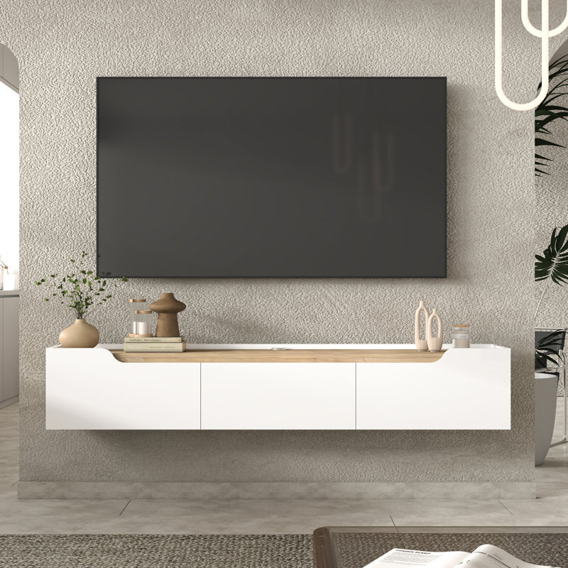 Eva Wall-Mounted Media Console TV Stand For 80" TVs, White/Oak Wood
