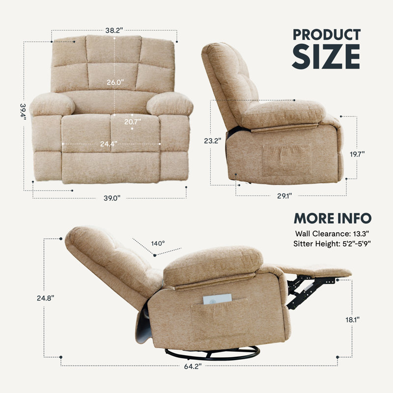 Fauteuil inclinable de massage surdimensionné et chauffant avec fauteuil berçant et pivotant, Beige