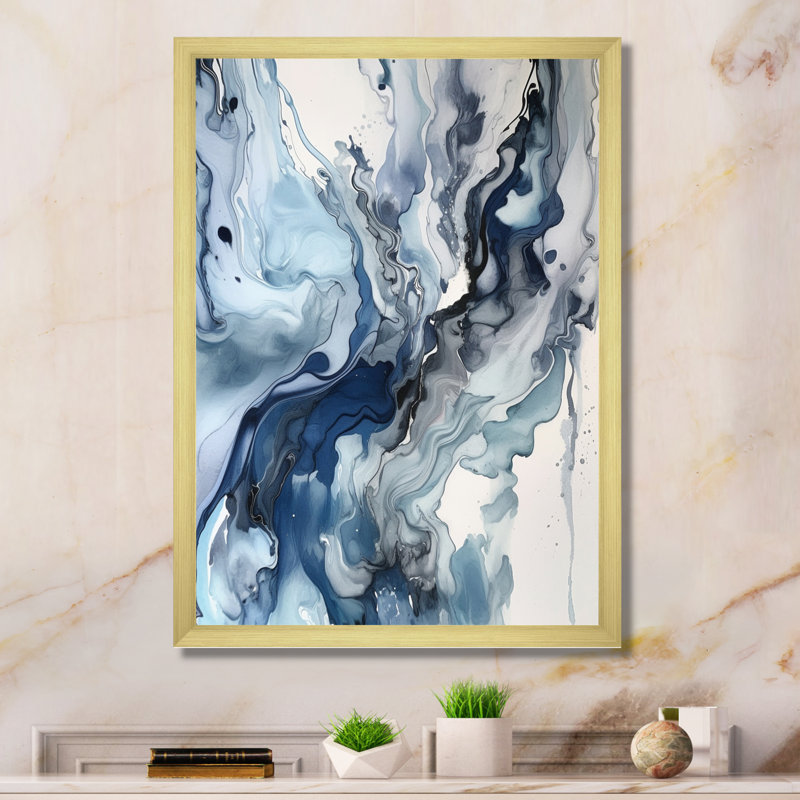 Bleu et gris Elixir éthéré II - art mural abstrait, Doré, H 44 po x l 34 po, Cadre photo unique