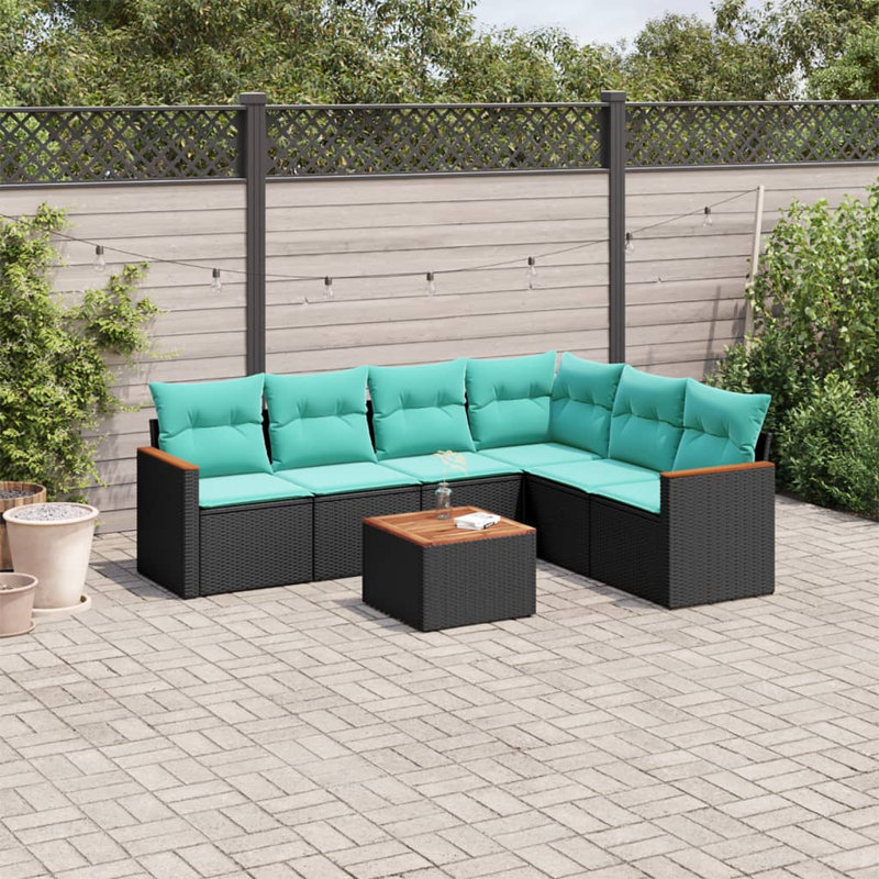  Ensemble de canapé de patio 7 pièces avec coussins en rotin de polyester noir
