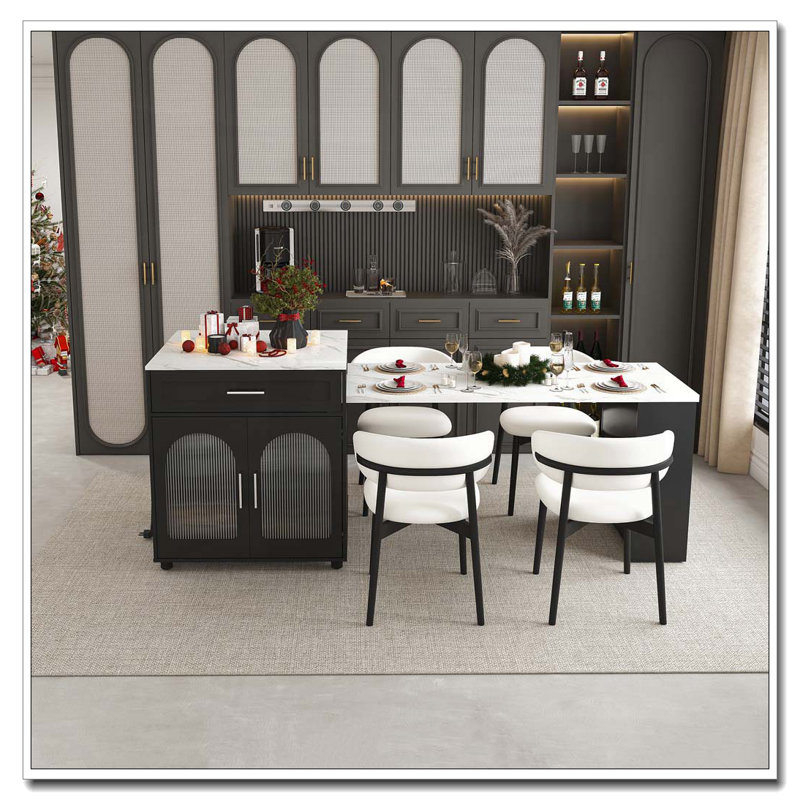 Îlot de cuisine de 80 pouces avec table de salle à manger, comptoir en grain de marbre avec prise de courant, chariot de rangement mobile avec armoire et 2 tiroirs, table de préparation pour la cuisine (noir)