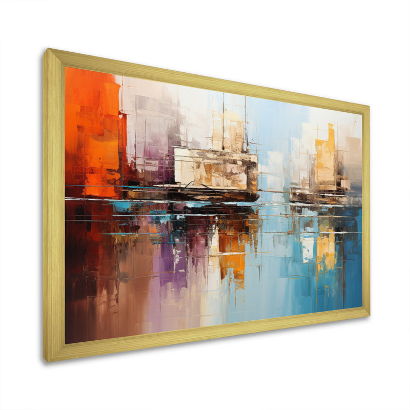 " Teal Canal Abstract Reflections Bold ", Gold Picture Framed, 16" H x 32" W x 1" D