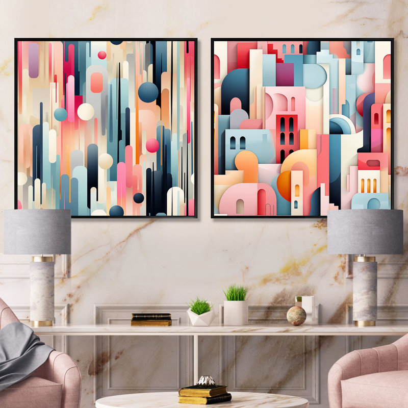 Cityscape Lines Striped Pattern - Abstract Shapes Square Collage Set Of 2, Black Floater Framed, 36" H x 73" W
