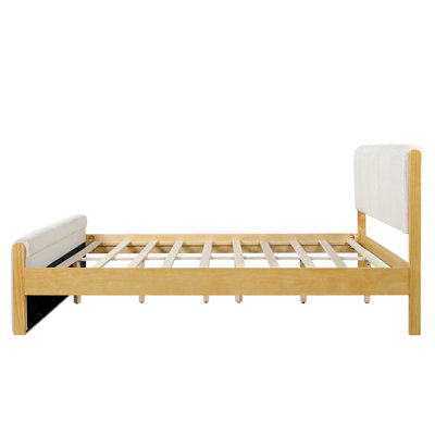 Queen Size Upholstered Bed Frame, Natural Wood Trim With White Fabric, Pine Wood With Mdf, 500 Lbs Capacity, Fits 8"-10" Mattress, No Box Spring Needed