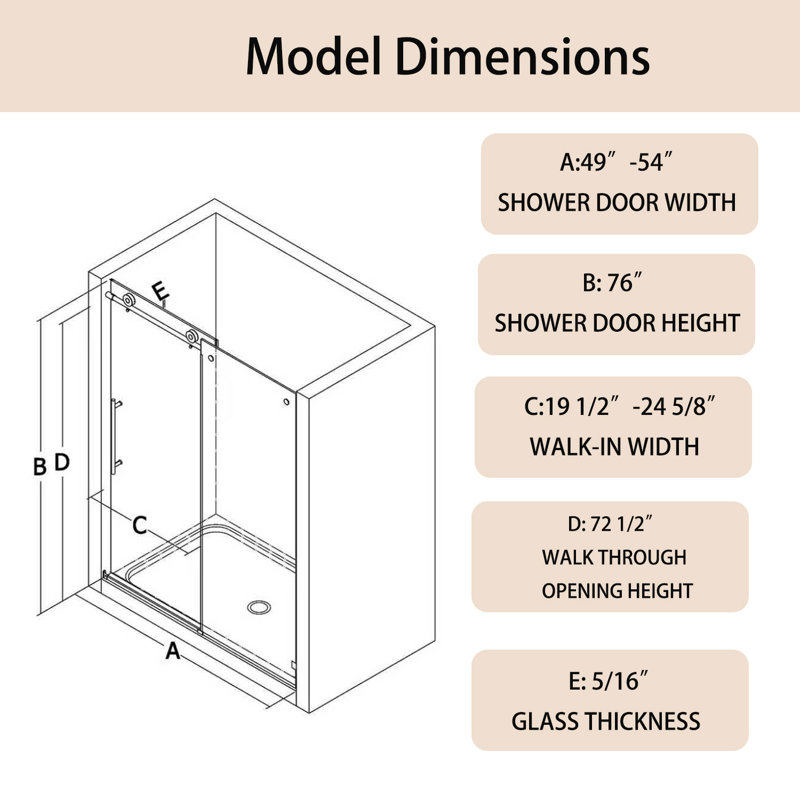 Porte de douche coulissante simple en verre sans cadre, 49-54 po L x 76 po H, verre trempé 5/16 po (8 mm) avec protection anti-explosion