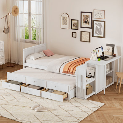 Lit plateforme simple en bois avec bureau et tablette de rangement, lit gigogne intégré et 3 tiroirs