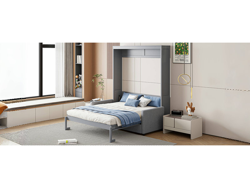 Lit escamotable double pleine grandeur avec coussin, gris