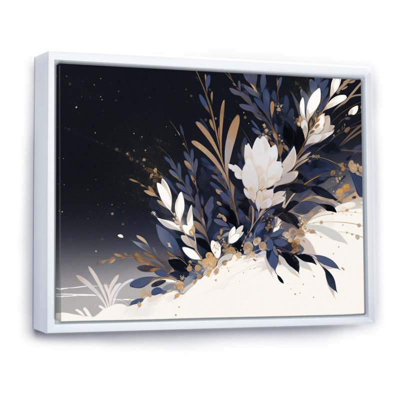 Herbes bleues et or bleues II, Cadre flottant blanc, H 16 po x l 32 po x P 1,5 po