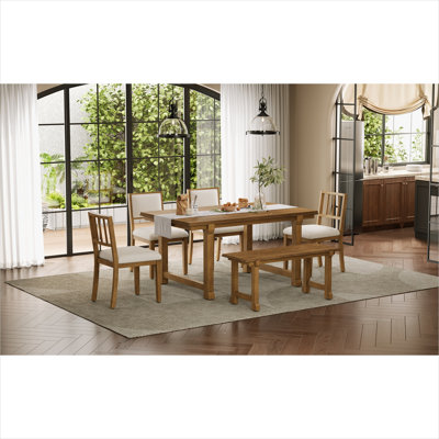 6-Person Farmhouse Dining Set with Classic Brown Table and Beige Chairs, Solid Wood Rectangle for Kitchen or Dining Room