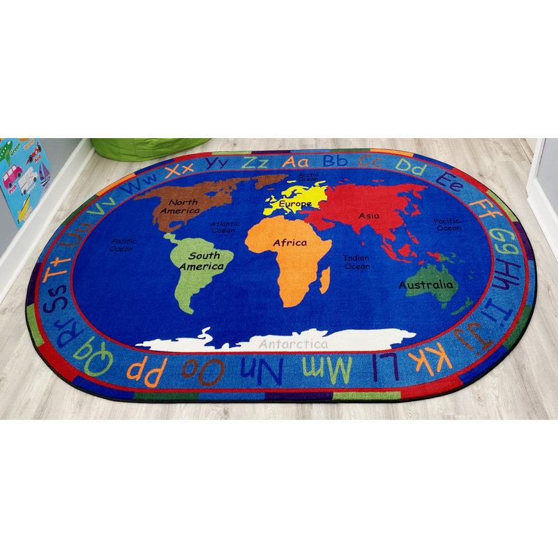KidCarpet All Around The World Map Rug, 4' x 6' Oval ABC Alphabet Educational Learning Area Rugs for Kids Preschool Kindergarten & Elementary School