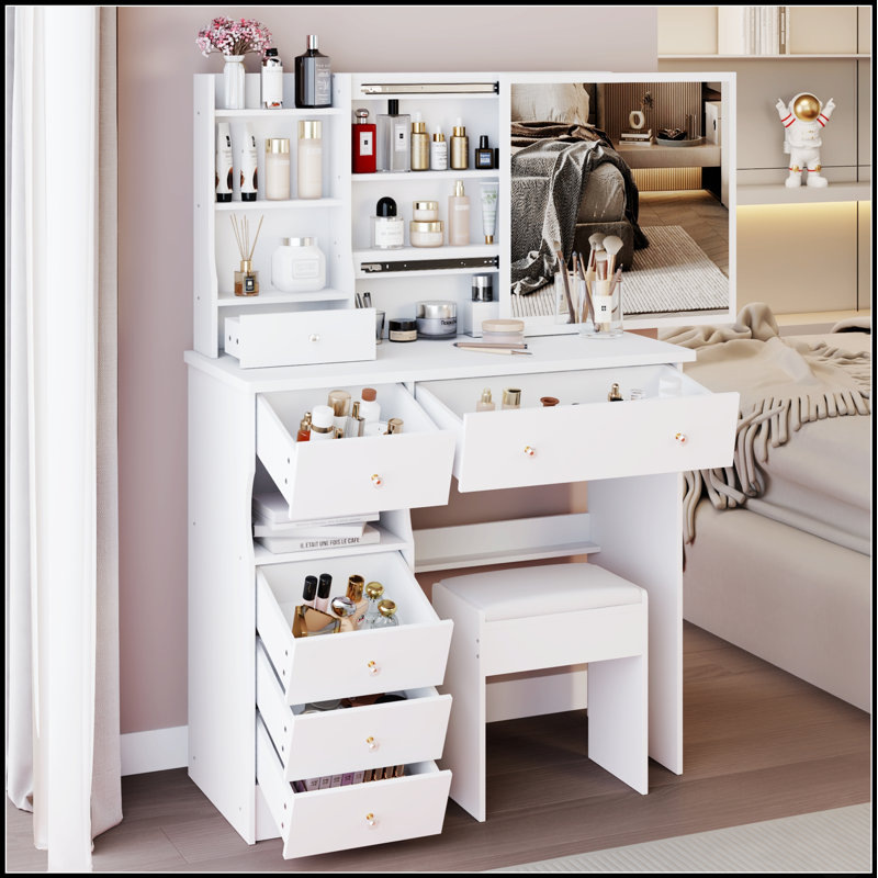 37-Inch Vanity Table With Extra Large Sliding Mirror, Multi-Layer Storage, And Cushioned Stool For Large Spaces, White