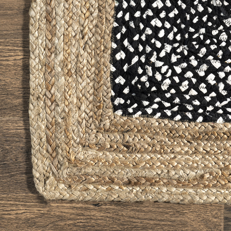 Tapis noir / brun clair en coton naturel tissé à la machine Risha, Rectangle 5 pi x 8 pi