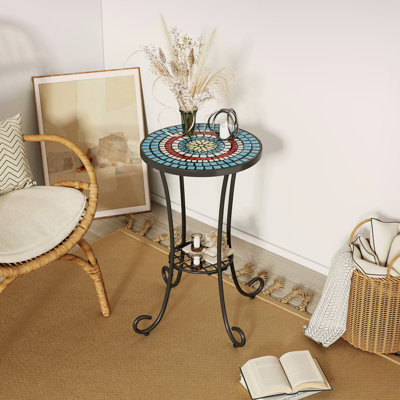 Table d'appoint à carreaux de céramique bleue et noire avec tablette, structure en fer, l 14 po de profondeur x 21,9 po de hauteur, polyvalente pour les tablettes intérieures et extérieures élégantes