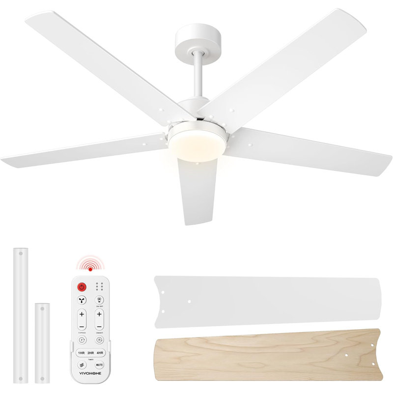 52 Inch Low Profile Ceiling Fan With Led Light And Remote, White, Beige Wood/White