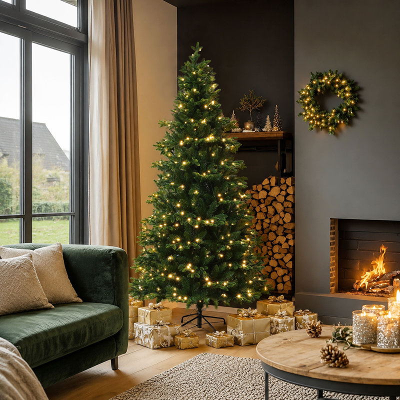 Sapin de Noël artificiel réaliste de 2,13 m (7 pieds) avec 350 lumières DEL blanc chaud et support en métal