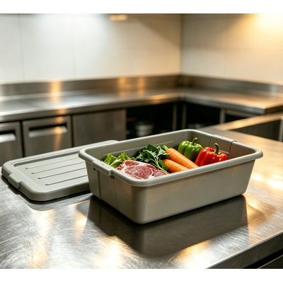 Ensemble de 6 bacs à viande en plastique alimentaire gris de 51 x 38 x 13 cm avec couvercles. Récipients robustes et pratiques pour la vaisselle, la préparation en cuisine, la restauration et l'entreposage des aliments.