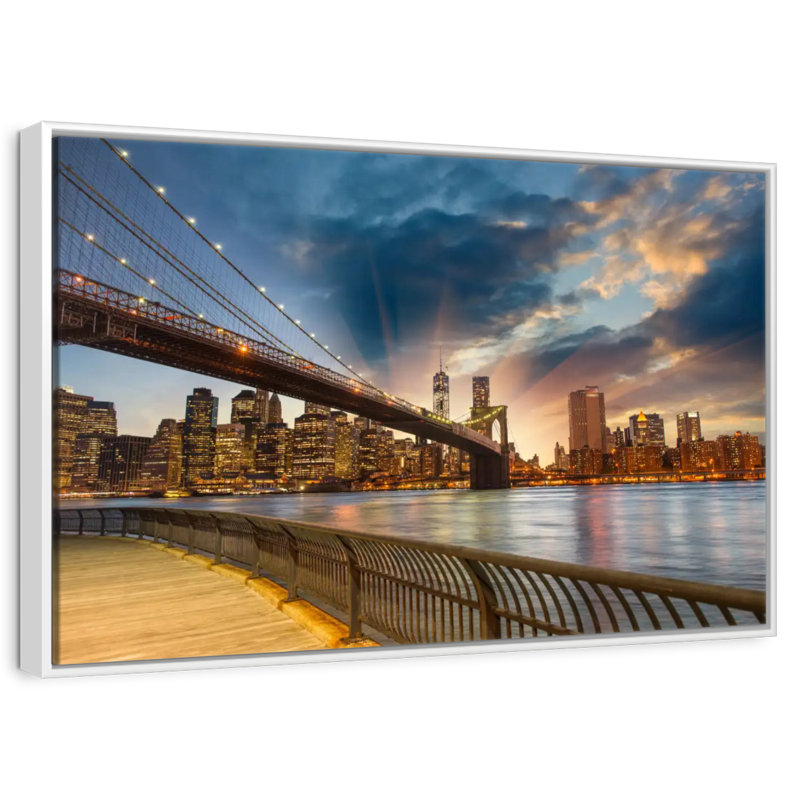 Soleil de Brooklyn Bridge, 19 po x 13 po, Cadre flottant blanc