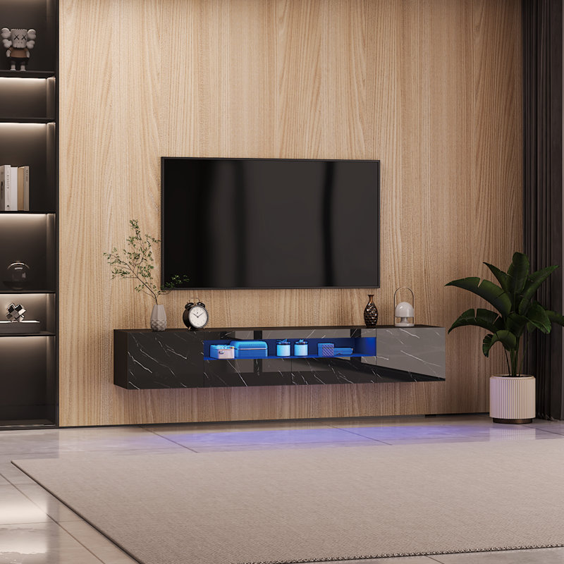 High Gloss TV Stand with Storage to 80'', Floating Entertainment Center with LED for Living Room, Black Marble