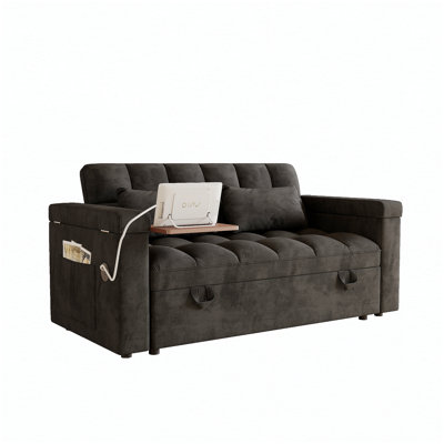 Canapé-lit de 65 pouces 3-en-1 pliable de 65 pouces avec table et UAB, accoudoirs avec fonction de rangement. Canapé double moderne en velours, canapé-lit avec dossier et coussin réglables, convenant au salon