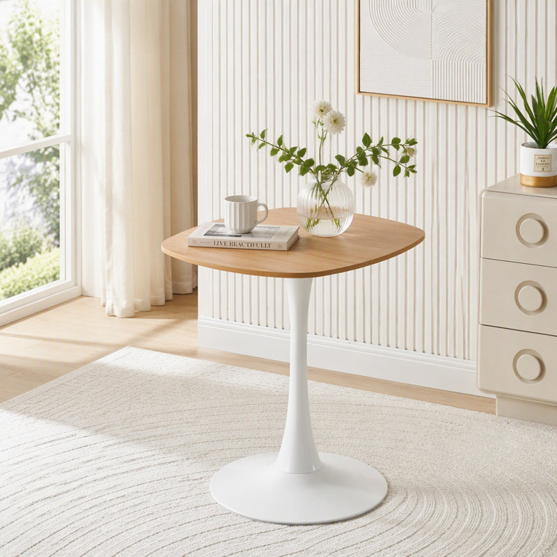 Table tulipe carrée 24 pouces avec base en métal, Blanc et chêne