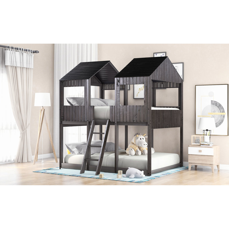 Lit double superposé avec garde-corps et toit en bois pratique, fenêtre, garde-corps, gris antique pour chambre