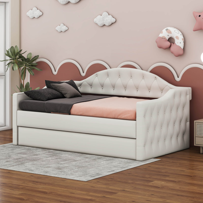 Martisa Twin Size Tufted Velvet Upholstered Daybed with Trundle, USB & Type-C Charging Port, White