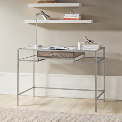 Writing Desk for Home Office, Soft Silver Metal Frame with Clear Tempered Glass Top, Single Drawer, 48 x 24 Inches, Rectangle
