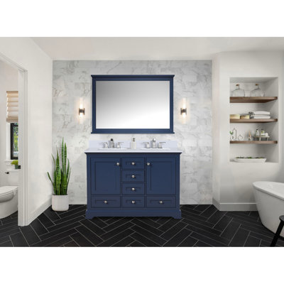 Navy Blue 48 In. Wide Double Vanity For Bathroom, Cultured Marble Surface, Faucet , 46 Mirror, Long - Lasting Counter, 22 Depth Bath In Width, 8 Widespread Faucet, Stain , Depth, 34.19 H