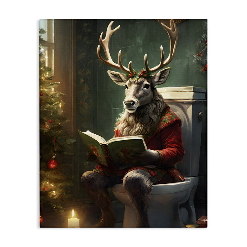 Renne dans une toile de salle de bain festive, design par Jo Moulton, H 30 po x l 24 po