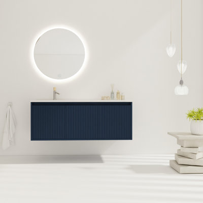 Ensemble de meuble-lavabo mural 48 po - Résine en forme de goutte bleu marine classique