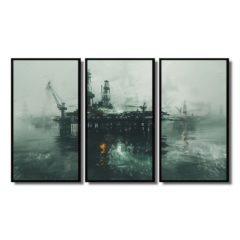 Ensemble de décorations murales gris et vert Winter Drilling Dynamics Oil Rig II, H 28 po x l 36 po x P 1 po